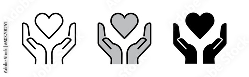 Heart Symbol Hold by Hands, Charity icon Concept. Outline style Icon in White, Grey and Black Colour. Love icon. Health, medicine symbol. Full Vector Design