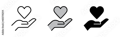 Heart Symbol Hold by a Hand, Charity icon Concept. Outline style Icon in White, Grey and Black Colour. Love icon. Health, medicine symbol. Full Vector Design