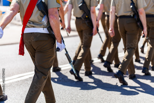 Australian soldier marching with bayonet fixed at freedom of entry parade and ceremony