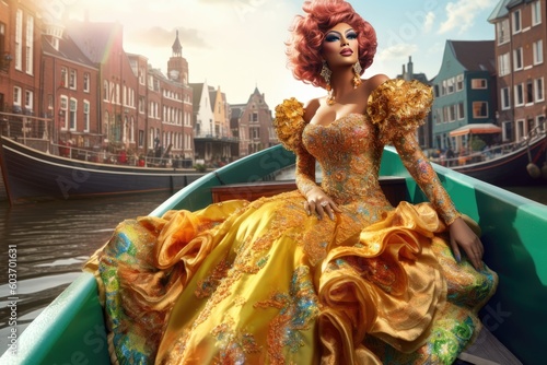 a beautiful drag queen with million dollar dress on a boat in the canals of Amsterdam at gay pride, created with generative ai