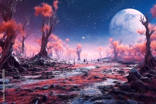 Fabulous strange landscape on an alien planet. Created with Generative AI technology.