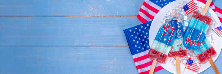 Red, white and blue ice pops.  Patriotic USA lollypops ice cream for july 4 party or bbq picnic, tasty popsicles with fruit berry flavours