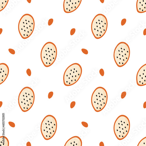 Colorful dragon fruit seamless pattern with seeds. Cartoon style tropical fruit illustration.
