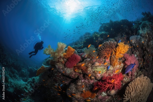 Diving into Color: Capturing the Beauty of a Scuba Diver in a Colorful Coral Reef © Arthur