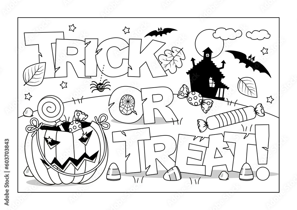 Halloween coloring page, poster, sign or banner. 