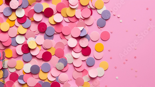 Colorful paper confetti on pink background. Celebration concept. Flat lay. Top view. Generative AI