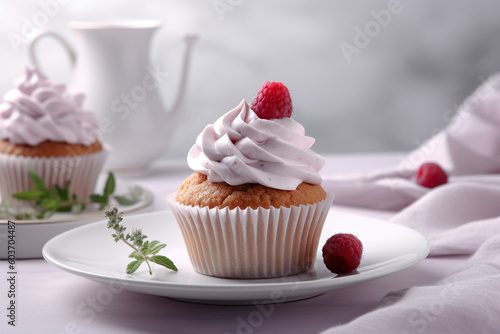 A cupcake with whipped cream and raspberries on a plate. AI generative.