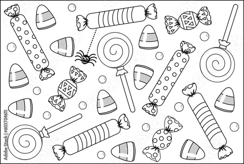 Halloween coloring page, poster, sign or banner with sweets and candy