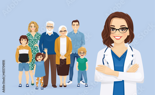 Portrait of female doctor in front of big family vector illustration. Mother, father, daughter, son, grandfather, grandmother standing together on blue background.