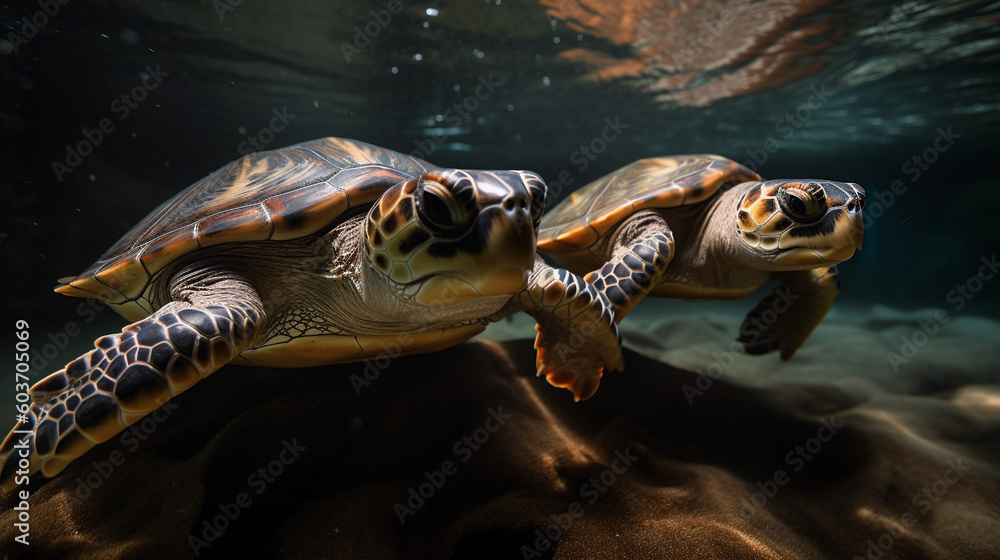 Graceful Dance: Two Turtles Swimming Underwater, Captured with Slow Shutter Speed for a Dreamy, Generative AI Surreal Effect Graceful Dance: Two Turtles Swimming Underwater, Captured with Slow Shutter Speed for a Dreamy, Generative AI Surreal Effect