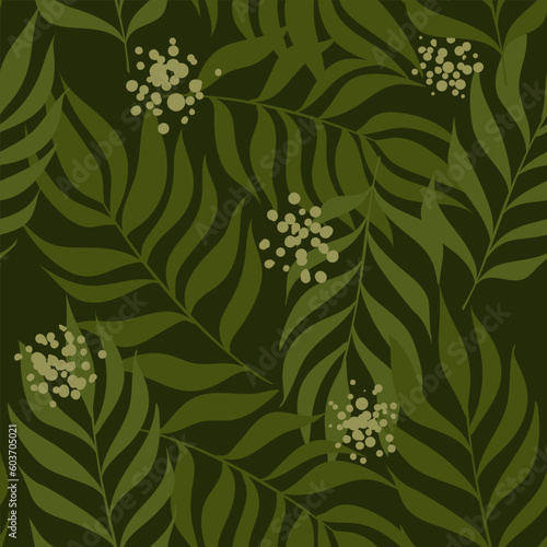 botanical green leaves seamless print. abstract floral background. calm pattern of scattered twigs.