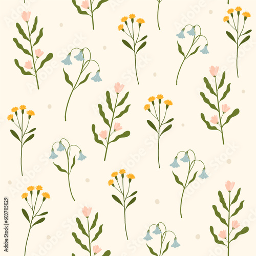small plants on a light background. small flowers scattered around the background. gentle pastel background with colorful flowers.