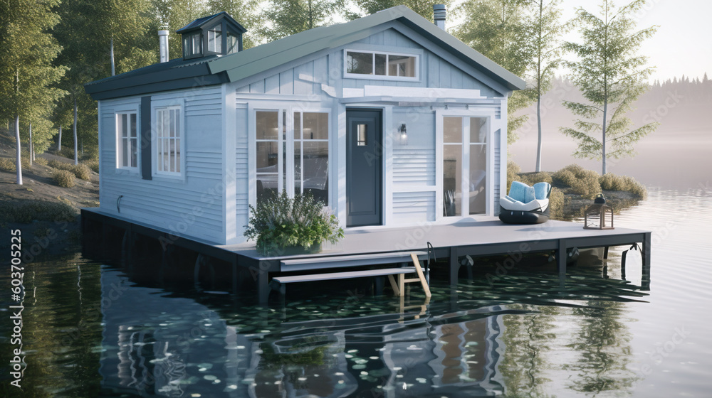A small house sitting on top of a body of water. AI generative. Tiny house illustration.