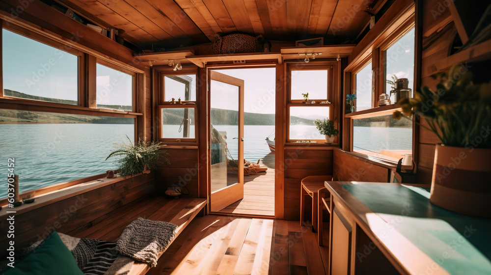 A room with a view of the water. AI generative. Tiny house, houseboat interior.