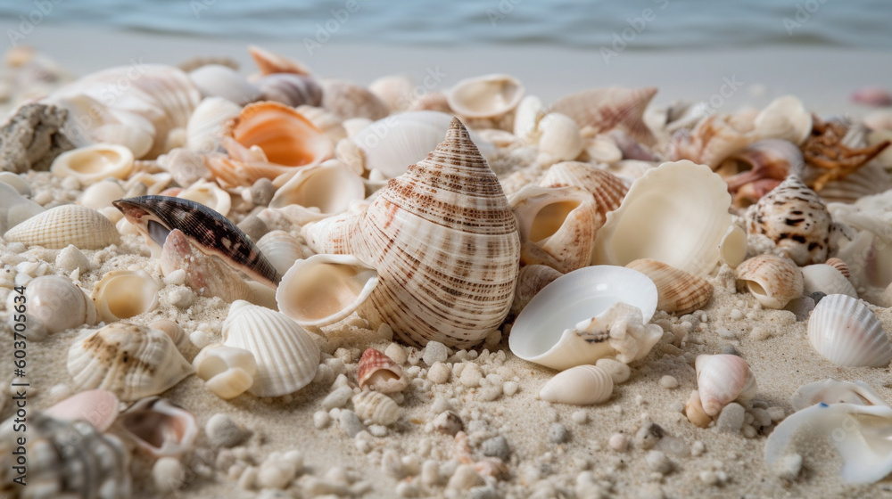 Exquisite Caribbean Treasures: A Generative AI Stunning Array of Diverse Shells Nestled in Pristine White Fine Sand