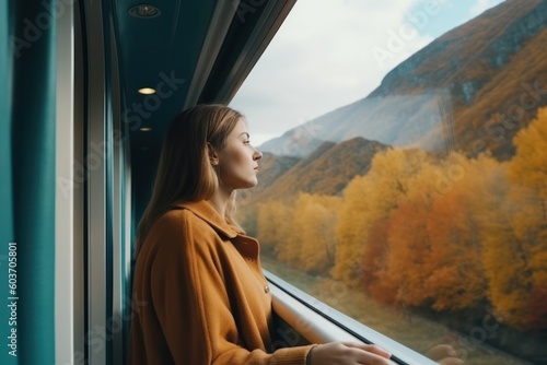 woman on train, watching the world pass by through the window, lost in her own thoughts photo