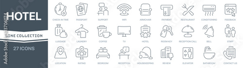 Hotel linear signed icon collection. Signed thin line icons collection. Set of hotel simple outline icons