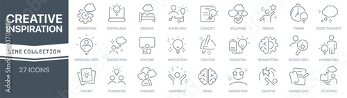 Creative and inspiration linear signed icon collection. Signed thin line icons collection. Set of creative and inspiration simple outline icons