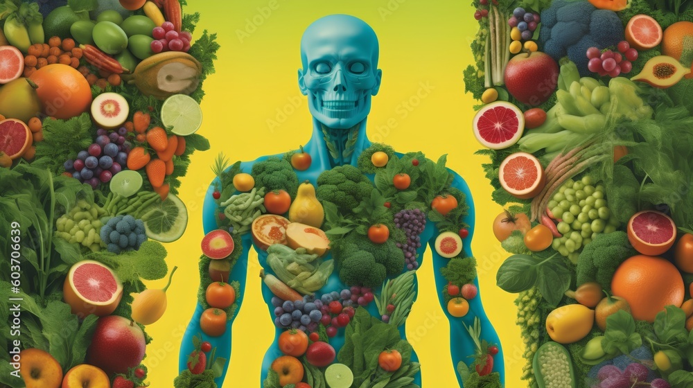 Health and wellness concept with a depiction of human anatomy surrounded by lush green vegetables and fruits. Importance of nutrition and a balanced diet for optimal bodily health. Generative AI