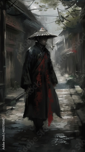 A man in a red coat and oriental hat walking down a street in Japan with traditional wooden houses. AI generative illustration.