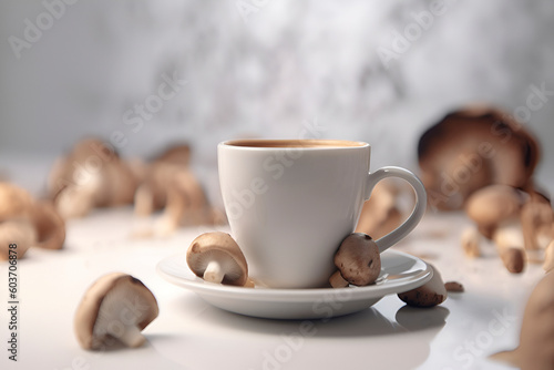 Chagaccino coffee in white cup and mushrooms around on white background. Generative AI.