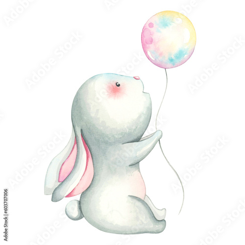 Cute watercolor bunny with balls .White background.