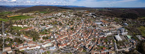 Aerial view of the old town of Héricourt in France on a sunny afternoon in spring.