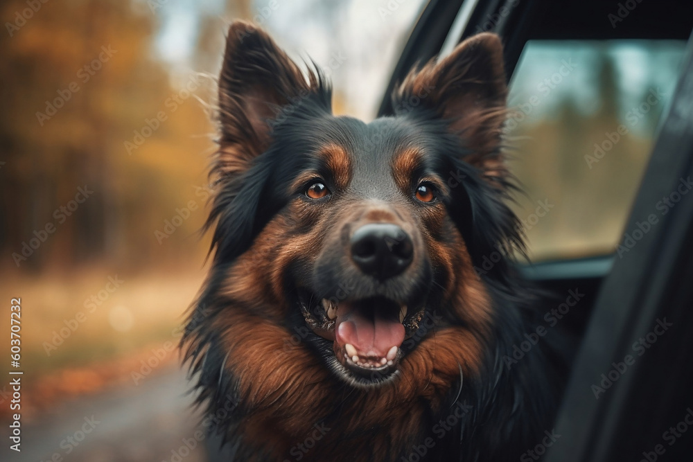 Shepherd dog's head leaning out of a car window on the road during a trip, his fur blowing in the breeze, happy and nice summer shot. Summer family travel concept. Generative AI Technology. Shepherd dog's head leaning out of a car window on the road during a trip, his fur blowing in the breeze, happy and nice summer shot. Summer family travel concept. Generative AI Technology.
