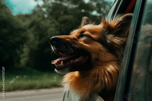 Hairy happy dog's head leaning out of a car window on the road during a trip, his fur blowing in the breeze, summer shot. Summer family travel concept. Generative AI Technology.