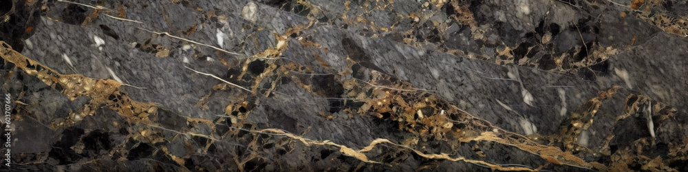 Panorama of polished dark grey granit or marble surface with golden inclusions. Generative AI stone panoramic texture background, banner Panorama of polished dark grey granit or marble surface with golden inclusions. Generative AI stone panoramic texture background, banner