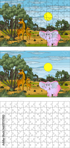 Puzzles. African landscape with giraffes and pink elephant for kids. Cartoon. 96 pcs