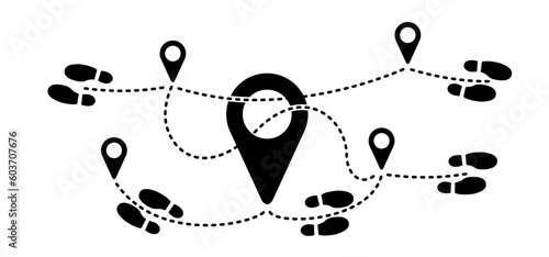 Pointer or point walk trekking route. Footprint, footstep icon. pin between multiple points. Gps navigation and travel concept. Dotterd track, line pattern. Map, road, direction arrow.