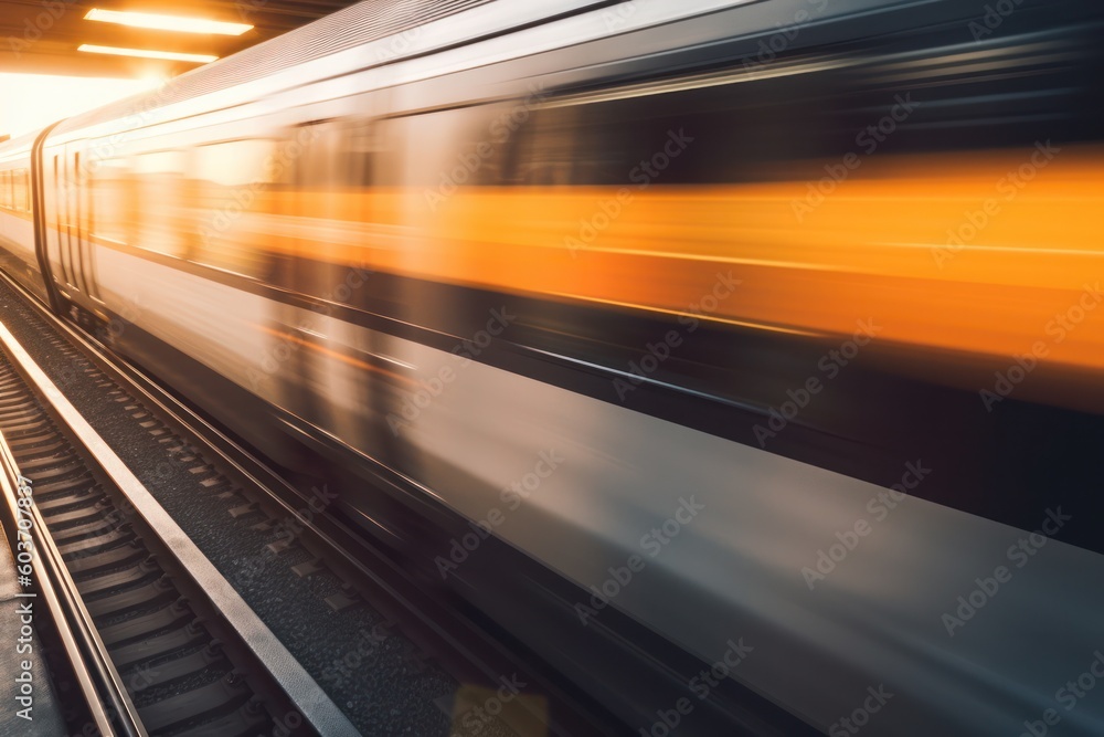 high-speed passing bustling train station, modern public vehicle glides along the rail line high-speed passing bustling train station, modern public vehicle glides along the rail line