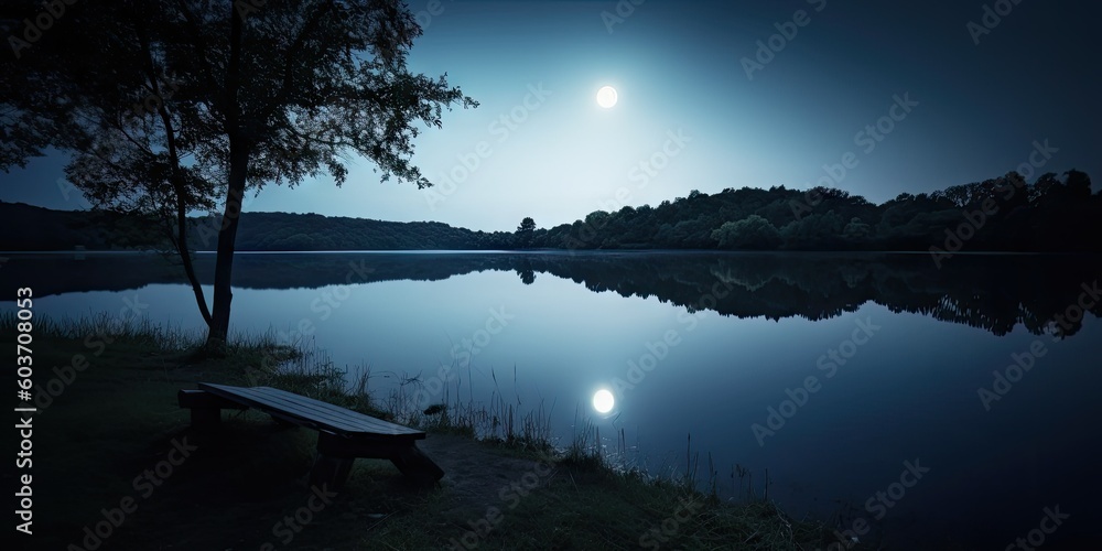 Moons Shadow Over a Peaceful Lake - AI Generated