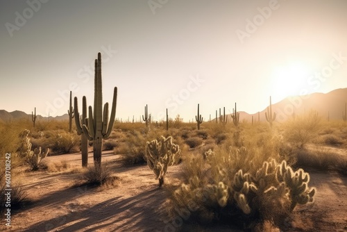 Cacti Shadows in Desert at Sunset - AI Generated
