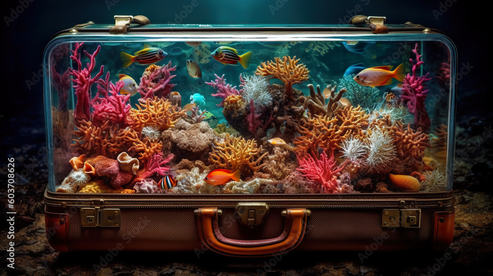 Image showcasing Ocean in travel suitcase, coral reef, fishes and sea creatures in ...