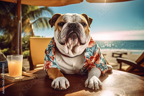 French bulldog enjoying sunbathing at seaside resort and wear a Hawaiian shirt lounging in hammock chair. Vacation rest in hot country beach concept. Generative AI Technology. © Valeriia