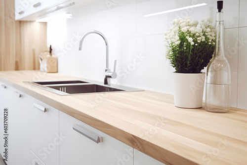 Modern kitchen interior with copy space. Generative AI.