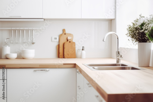Modern kitchen interior with copy space. Generative AI. © julijadmi