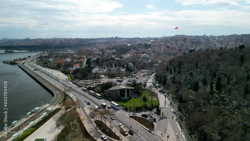 Gondola lift station of Eyup Cable Car, zoom-out shot