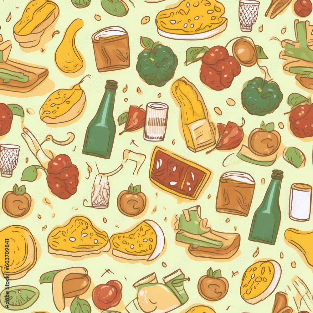 food and drinks related seamless pattern. foodie background