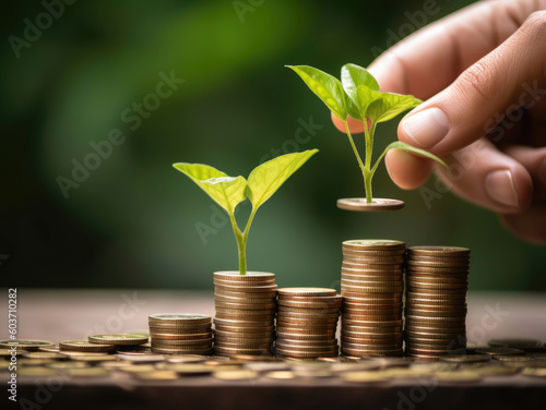 A hand puts coins in a stack with a plant growing on money