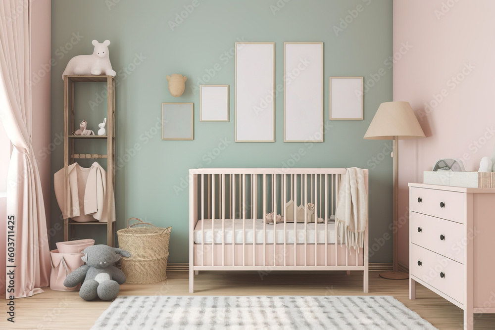 Mockup in Sweet and Adorable Nursery Room with Pastel-Colored Walls Mockup in Sweet and Adorable Nursery Room with Pastel-Colored Walls