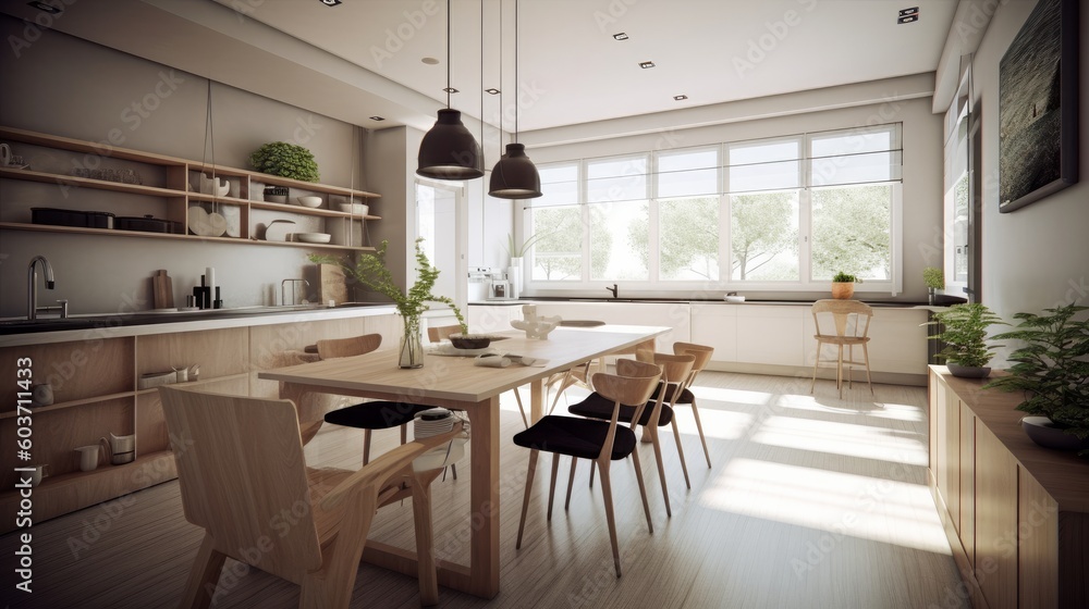 Obraz premium show flat interior design modern nature contemporary dining area daylight minimal decoration style home design concept, image ai generate