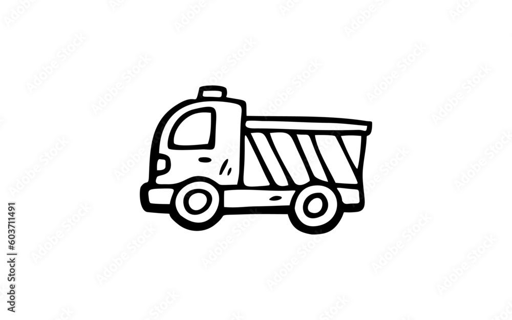 DUMP TRUCK Doodle art illustration with black and white style.