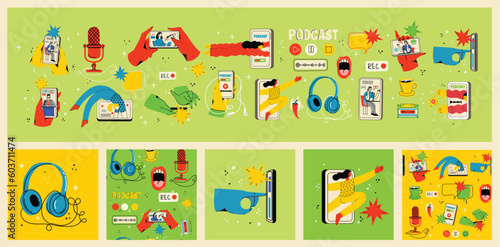 Concept of watching video online, podcast, talk show, tv application, live streaming. Hand holding smartphone with man with microphone on screen. Vector illustration in flat style