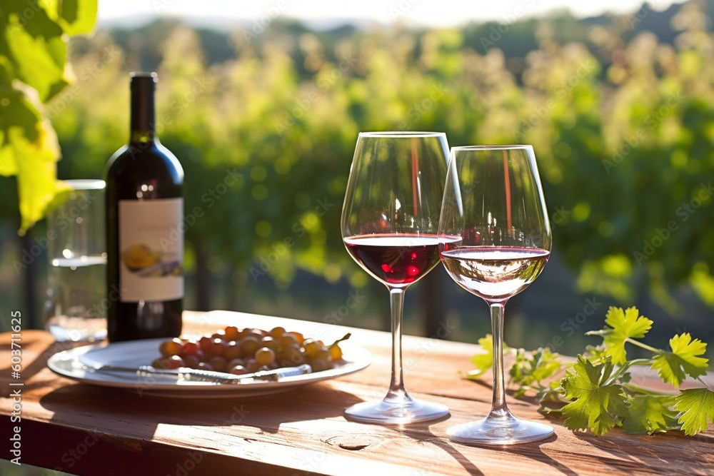 Summertime Day Outdoor Dining: A Close-Up View of Wine Al Fresco - AI Generative