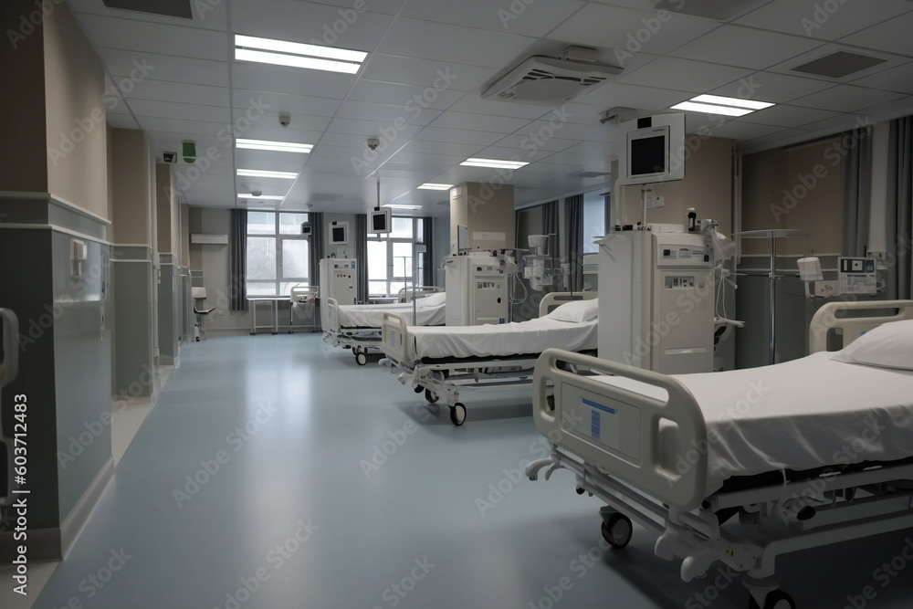 Preparedness: Empty Hospital Beds with Essential Equipment for Patient Care, Generative AI Preparedness: Empty Hospital Beds with Essential Equipment for Patient Care, Generative AI