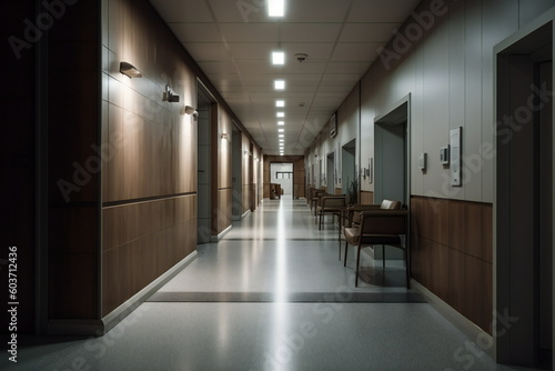 Spacious Hospital Corridor: Doors to Individual Patient Rooms in a Welcoming Environment, Generative AI