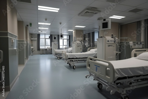 Preparedness: Empty Hospital Beds with Essential Equipment for Patient Care, Generative AI
